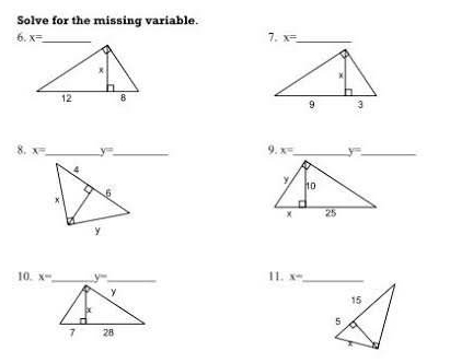 Solve for the missing variable.
7.
6. x= _ x= _
9.
8. x= _ y= _ x= _ y= _
11.
10. x= _ y= _ 
y
x
7 28