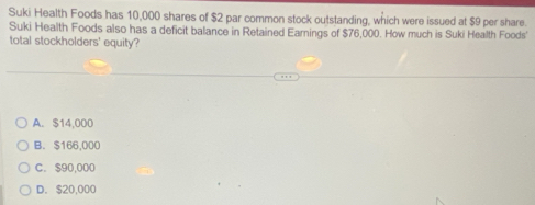 Suki Health Foods has 10,000 shares of $2 par common stock outstanding, which were issued at $9 per share.
Suki Health Foods also has a deficit balance in Retained Earnings of $76,000. How much is Suki Health Foods'
total stockholders' equity?
A. $14,000
B. $166,000
C. $90,000
D. $20,000