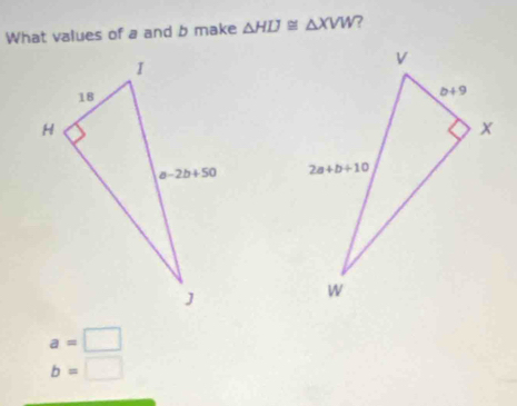 What values of a and b make △ HIJ≌ △ XVW

a=□
b=□