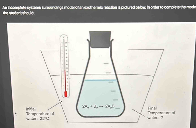 An incomplete systems surroundings model of an exothermic reaction is pictured below. In order to complete the mode 
the student should:
2A_2+B_2to 2A_2B
Initial Final 
Temperature of Temperature of 
water: 25°C water: ?