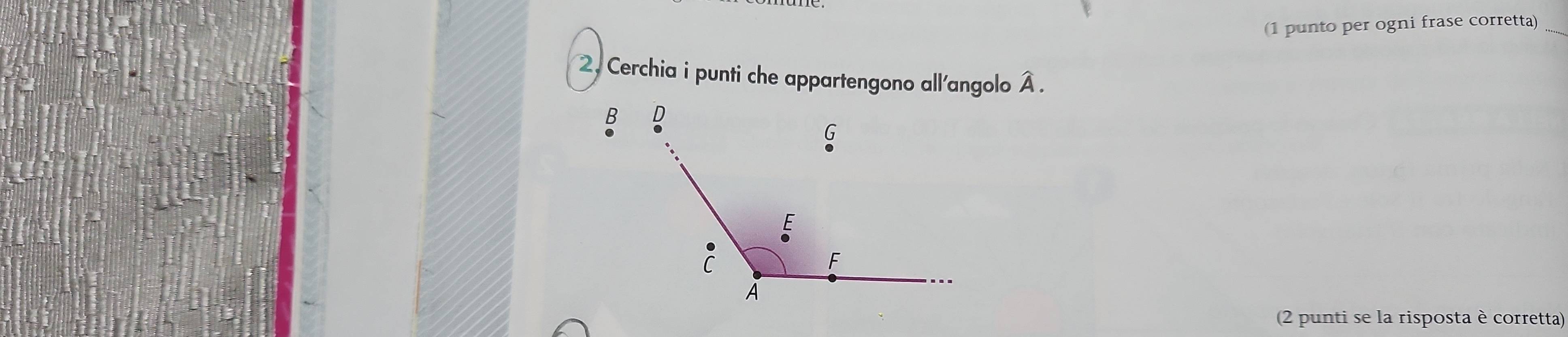 (1 punto per ogni frase corretta)_ 
2, Cerchia i punti che appartengono all'angolo hat A. 
(2 punti se la risposta è corretta)