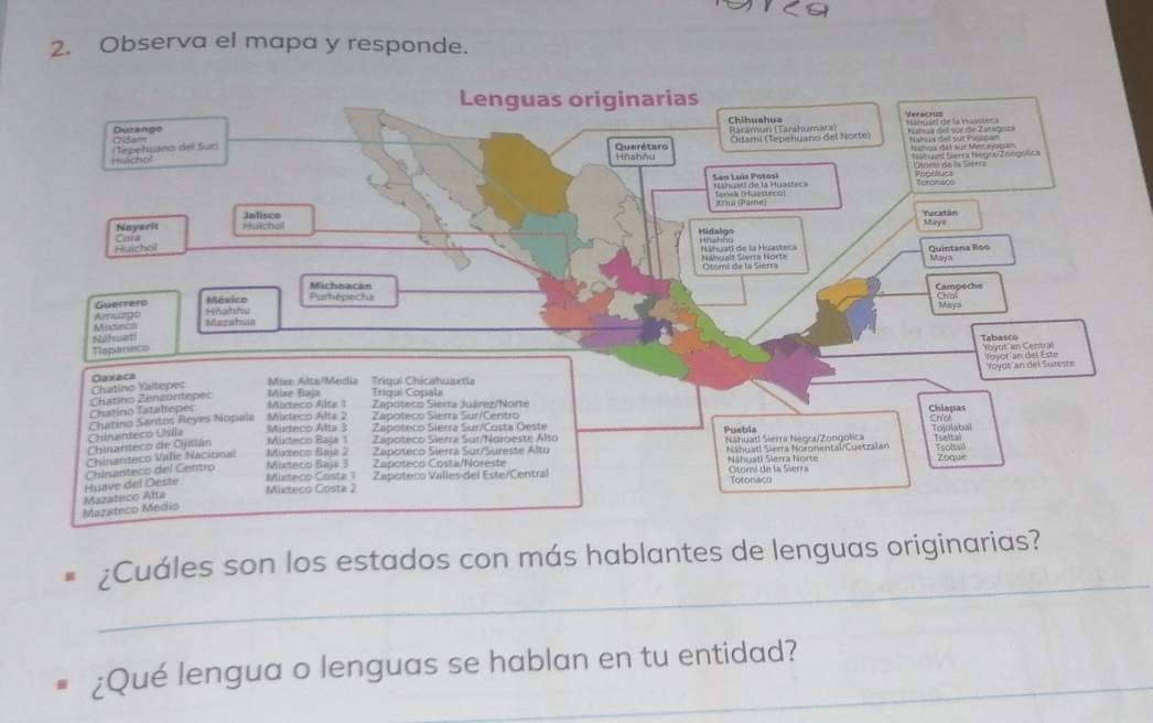 Observa el mapa y responde. 
_ 
¿Cuáles son los estados con más hablantes de lenguas originarias? 
¿Qué lengua o lenguas se hablan en tu entidad?