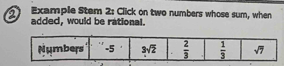 Example Stem 2: Click on two numbers whose sum, when
added, would be rational.