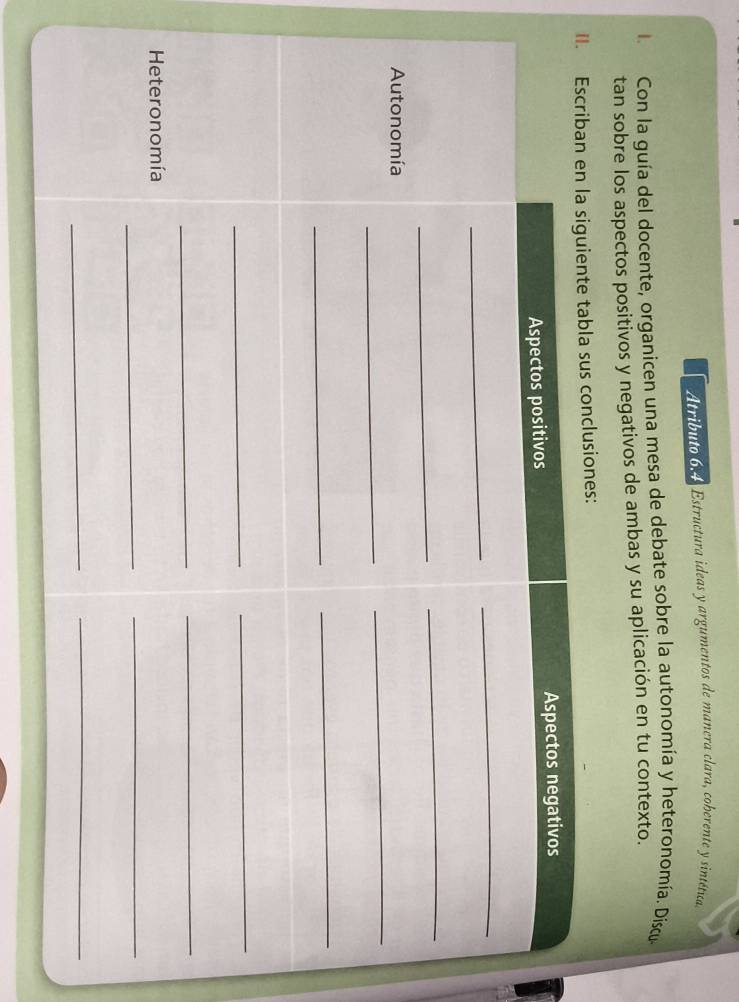 Atributo 6 Estructura ideas y argumentos de manera clara, coberente y sintética 
Con la guía del docente, organicen una mesa de debate sobre la autonomía y heteronomía. Díscu 
tan sobre los aspectos positivos y negativos de ambas y su aplicación en tu contexto. 
s: