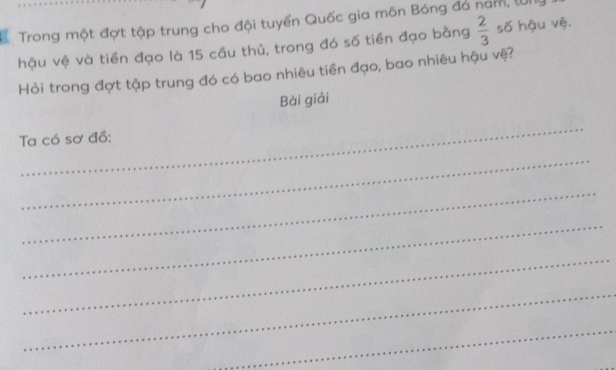 Trong một đợt tập trung cho đội tuyển Quốc gia môn Bóng đá nam, WNỹ 
hậu vệ và tiền đạo là 15 cầu thủ, trong đó số tiền đạo bằng  2/3  số hậu vệ. 
Hỏi trong đợt tập trung đó có bao nhiêu tiền đạo, bao nhiêu hậu vệ? 
Bài giải 
_ 
Ta có sơ đồ: 
_ 
_ 
_ 
_ 
_ 
_