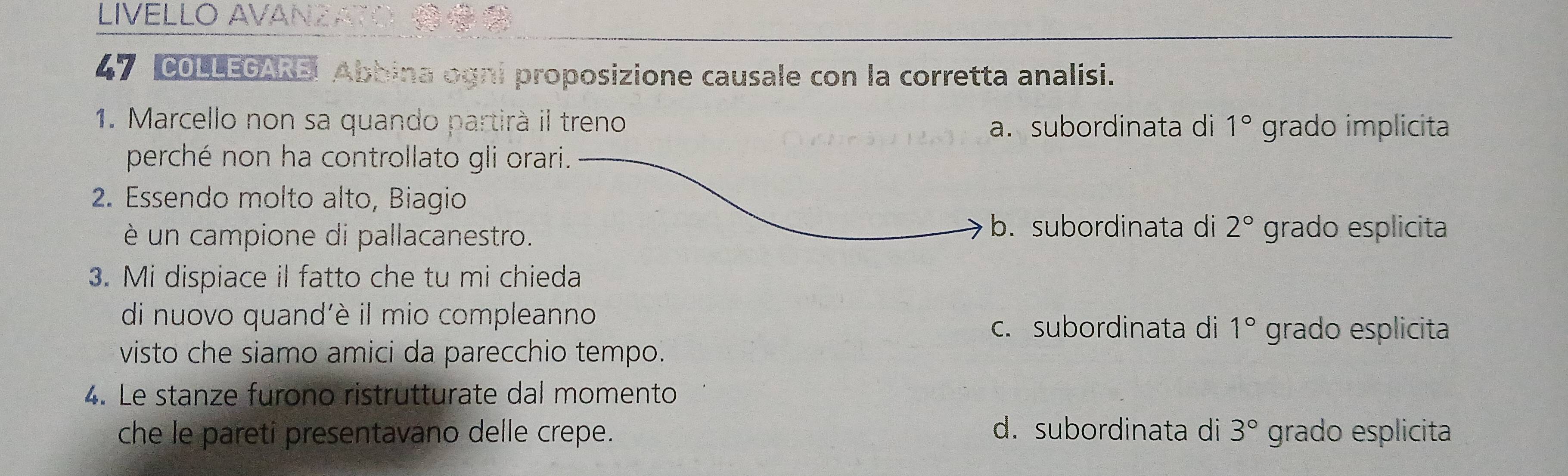 LIVELLO AVANZATO
47 COLLEGAREI Abbina ogni proposizione causale con la corretta analisi.
1. Marcello non sa quando partirà il treno 1° grado implicita
a. subordinata di
perché non ha controllato gli orari.
2. Essendo molto alto, Biagio
b. subordinata di 2°
è un campione di pallacanestro. grado esplicita
3. Mi dispiace il fatto che tu mi chieda
di nuovo quand'è il mio compleanno
c. subordinata di 1° grado esplicita
visto che siamo amici da parecchio tempo.
4. Le stanze furono ristrutturate dal momento
che le pareti presentavano delle crepe. d. subordinata di 3° grado esplicita