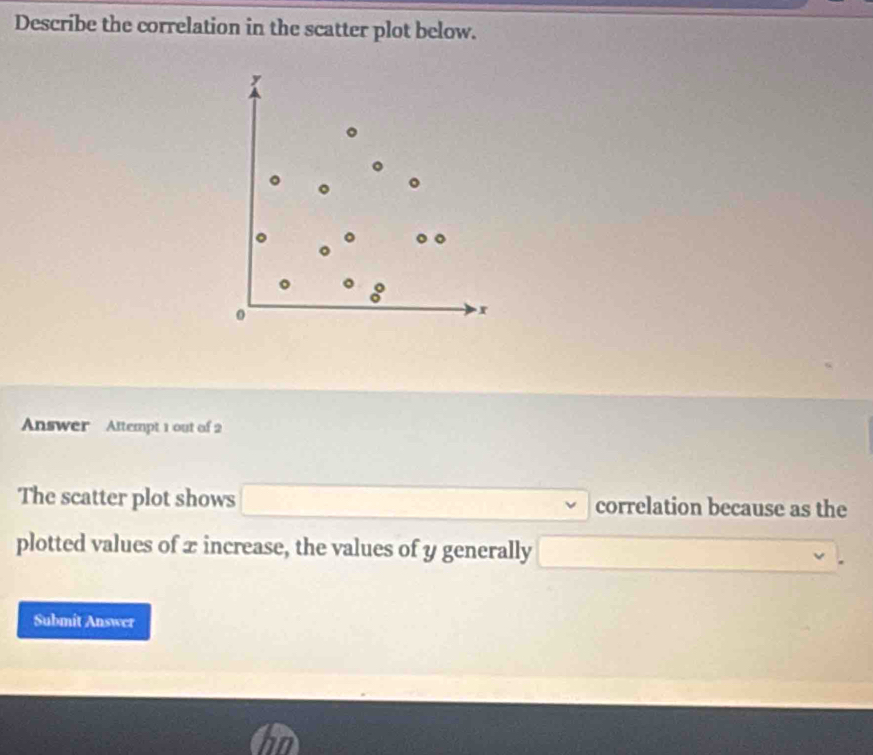 Describe the correlation in the scatter plot below. 

。 。 
。
2
x
Answer Attempt 1 out of 2 
The scatter plot shows □ correlation because as the 
plotted values of x increase, the values of y generally 
Submit Answer