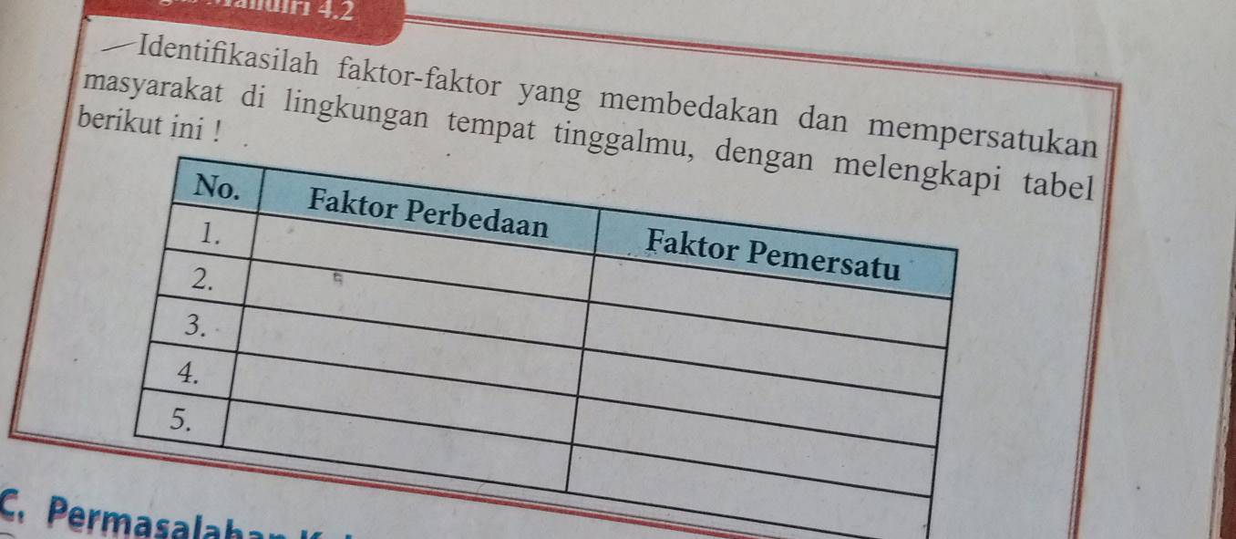 14luir 4,2 
—Identifikasilah faktor-faktor yang membedakan dan mempersatukan 
berikut ini ! 
masyarakat di lingkungan tempat tinggalmtabel 
C. Pmasalaha