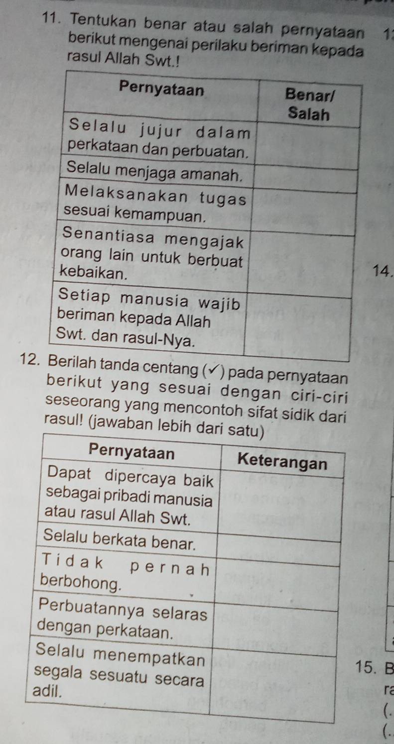 Tentukan benar atau salah pernyataan 1 
berikut mengenai perilaku beriman kepada 
rasul Allah Swt.! 
4. 
12tang (✓) pada pernyataan 
berikut yang sesuai dengan ciri-ciri 
seseorang yang mencontoh sifat sidik dari 
rasul! (jawab 
. B 
ra 
( . 
( .