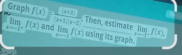 Graph
limlimits _xto -1^+f(x) f(x)= ((x+3))/(x+1)(x-2) . and 
. Then, estimate limlimits _xto -1^-f(x),
limlimits _xto -1f(x) using its graph.