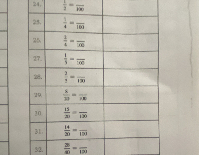  1/2 =frac 100
32.  28/40 =frac 100