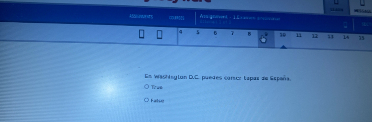 LEA MSSACE
ASSIGNMENTS COURSES Assignment 1.Examen preliminar
4 5 6 7 8 10 11 12 13 14 15
En Washington D.C. puedes comer tapas de España.
True
False