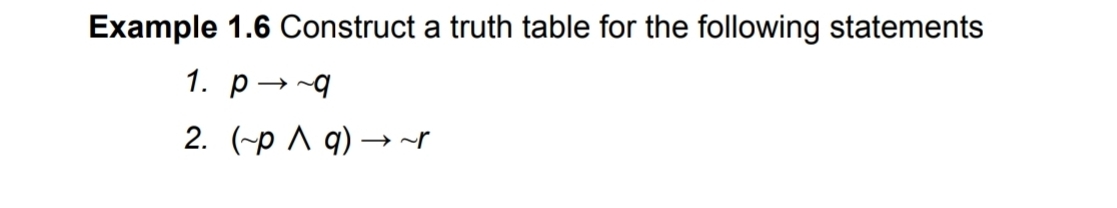 Example 1.6 Construct a truth table for the following statements 
1. pto sim q
2. (sim pwedge q)to sim r