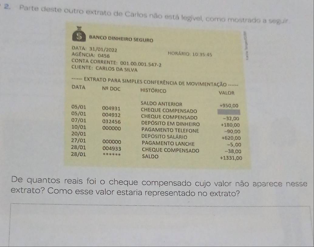 Parte deste outro extrato de Carlos não está legivel, como mostrado a seguir 
$ BANCO DINHEIRO SEGURO 
DATA: 31/01/2022 HORÁrio: 10:35:45
AGÊNCIA: 0456
CONTA CORRENTE: 001.00.001.547-2
CLIENTE： CARLOS DA SILVA 
------ EXTRATO PARA SIMPLES CONFERÊNCIA DE MOVIMENTAÇÃO ------ 
DATA N DOC histórico 
VALOR 
SALDO ANTERIOR + 950,00
05/01 004931 CHEQUE COMPENSADO
05/01 004932 CHEQUE COMPENSADO −32,00
07/01 032456 depósito em dinheiro +180,00
10/01 0000oo PAGAMENTO TELEFONE - 90,00
20/01 DEPÓSITO SALÁRIO + 620,00
27/01 000000 PAGAMENTO LANCHE - 5,00
28/01 004933 CHEQUE COMPENSADO -38,00
28/01 SALDO + 1331,00
De quantos reais foi o cheque compensado cujo valor não aparece nesse 
extrato? Como esse valor estaria representado no extrato?