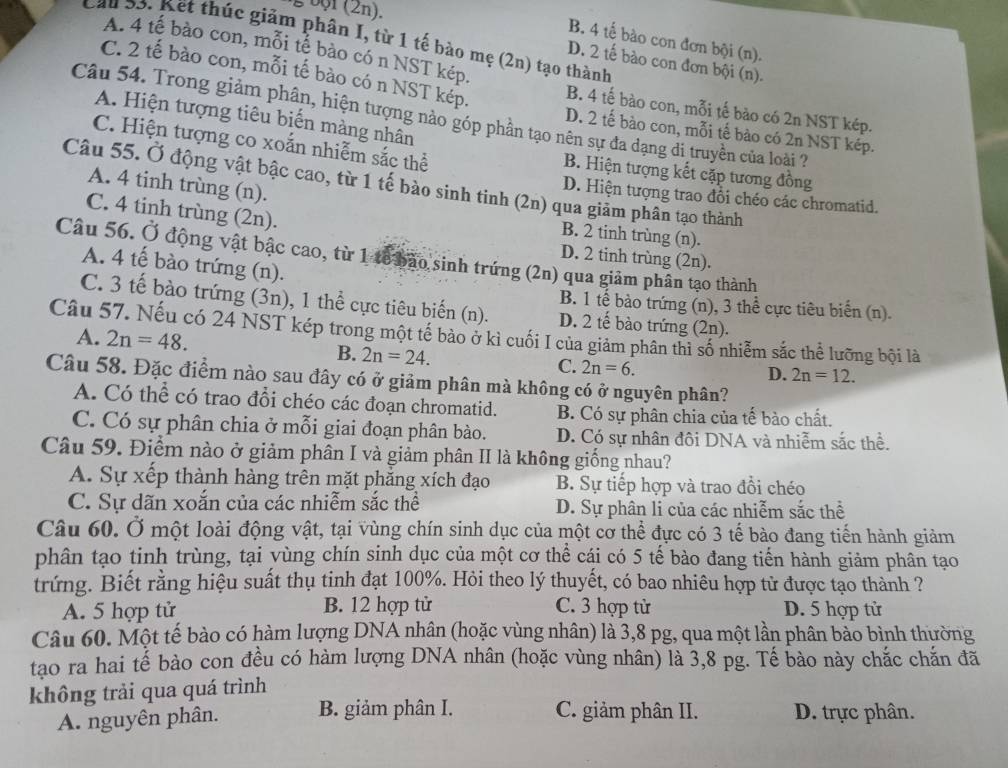 001 (2n).
Cầu 55. Kết thúc giảm phân I, từ 1 tế bào mẹ (2n) tạo thành
B. 4 tế bào con đơn bội (n).
A. 4 tế bào con, mỗi tế bào có n NST kép.
D. 2 tế bào con đơn bội (n).
C. 2 tế bào con, mỗi tế bào có n NST kép. B. 4 tế bào con, mỗi tế bào có 2n NST kép.
A. Hiện tượng tiêu biến màng nhân
Câu 54. Trong giảm phân, hiện tượng nào góp phần tạo nên sự đa dạng di truyền của loài ?
D. 2 tế bào con, mỗi tế bào có 2n NST kép.
C. Hiện tượng co xoắn nhiễm sắc thể B. Hiện tượng kết cặp tương đồng
Câu 55. Ở động vật bậc cao, từ 1 tế bào sinh tinh (2n) qua giảm phân tạo thành
A. 4 tinh trùng (n).
D. Hiện tượng trao đổi chéo các chromatid.
C. 4 tinh trùng (2n).
B. 2 tinh trùng (n).
Câu 56. Ở động vật bậc cao, từ 1 tế bão sinh trứng (2n) qua giảm phân tạo thành
D. 2 tinh trùng (2n).
A. 4 tế bào trứng (n).
B. 1 tế bào trứng (n), 3 thể cực tiêu biến (n).
C. 3 tế bào trứng (3n), 1 thể cực tiêu biến (n). D. 2 tế bào trứng (2n).
Câu 57. Nếu có 24 NST kép trong một tế bảo ở kì cuối I của giảm phân thi số nhiễm sắc thể lưỡng bội là
A. 2n=48. B. 2n=24. C. 2n=6.
D. 2n=12.
Câu 58. Đặc điểm nào sau đây có ở giảm phân mà không có ở nguyên phân?
A. Có thể có trao đổi chéo các đoạn chromatid. B. Có sự phân chia của tế bào chất.
C. Có sự phân chia ở mỗi giai đoạn phân bào. D. Có sự nhân đôi DNA và nhiễm sắc thể.
Câu 59. Điểm nào ở giảm phân I và giảm phân II là không giống nhau?
A. Sự xếp thành hàng trên mặt phẳng xích đạo B. Sự tiếp hợp và trao đổi chéo
C. Sự dãn xoắn của các nhiễm sắc thể D. Sự phân li của các nhiễm sắc thể
Câu 60. Ở một loài động vật, tại vùng chín sinh dục của một cơ thể đực có 3 tế bào đang tiến hành giảm
phân tạo tinh trùng, tại yùng chín sinh dục của một cơ thể cái có 5 tế bào đang tiến hành giảm phân tạo
trứng. Biết rằng hiệu suất thụ tinh đạt 100%. Hỏi theo lý thuyết, có bao nhiêu hợp tử được tạo thành ?
A. 5 hợp tử B. 12 hợp tử C. 3 hợp từ D. 5 hợp tử
Câu 60. Một tế bào có hàm lượng DNA nhân (hoặc vùng nhân) là 3,8 pg, qua một lần phân bào bình thường
tao ra hai tể bào con đều có hàm lượng DNA nhân (hoặc vùng nhân) là 3,8 pg. Tế bào này chắc chắn đã
không trải qua quá trình
A. nguyên phân. B. giảm phân I. C. giảm phân II. D. trực phân.