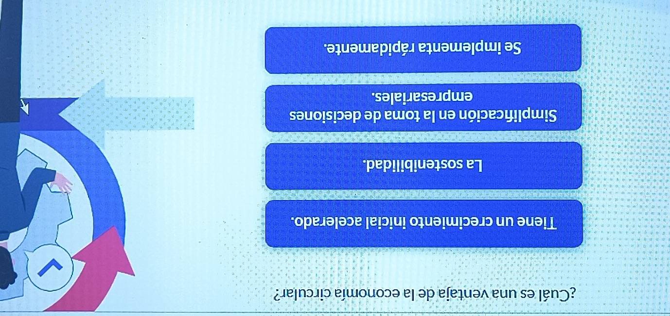 ¿Cuál es una ventaja de la economía circular?
Tiene un crecimiento inicial acelerado.
La sostenibilidad.
Simplifıcación en la toma de decisiones
empresariales.
Se implementa rápidamente.