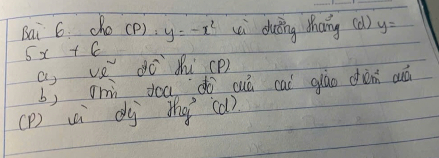 Bai 6: cho (P). y=-x^2 xi duǎing thang (d) y=
5x+6
a ve dó thi cp) 
b) mì yoa do cuá cad gilāo cèm ouá 
(P) ( dj the cǎ?