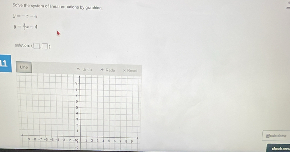 Solve the system of linear equations by graphing.
y=-x-4
y= 3/5 x+4
solution: (□ ,□ )
11 Line 
Undo Redo × Reset 
■calculator 
-2 check ans