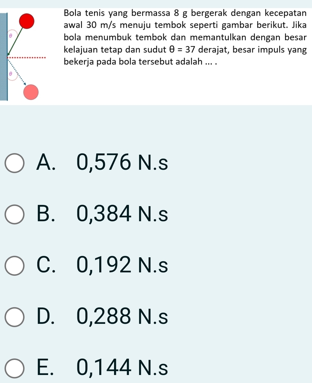 Bola tenis yang bermassa 8 g bergerak dengan kecepatan
awal 30 m/s menuju tembok seperti gambar berikut. Jika
bola menumbuk tembok dan memantulkan dengan besar
kelajuan tetap dan sudut θ =37 derajat, besar impuls yang
bekerja pada bola tersebut adalah ... .
A. 0,576 N.s
B. 0,384 N.s
C. 0,192 N. s
D. 0,288 N.s
E. 0,144 N.s