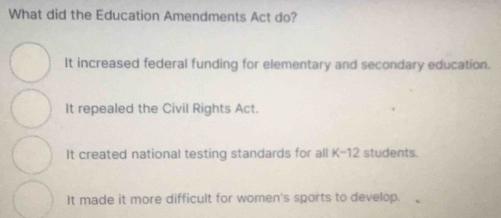 What did the Education Amendments Act do?
It increased federal funding for elementary and secondary education.
It repealed the Civil Rights Act.
It created national testing standards for all K-12 students.
It made it more difficult for women's sports to develop.