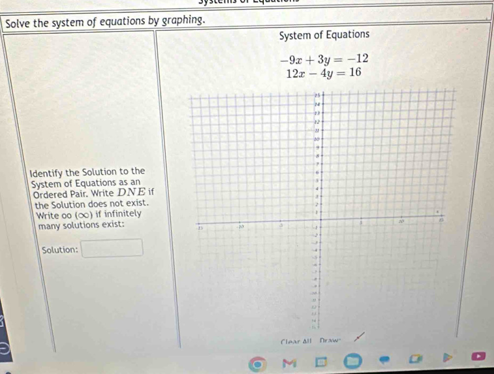 Solve the system of equations by graphing.
System of Equations
-9x+3y=-12
12x-4y=16
Identify the Solution to the
System of Equations as an
Ordered Pair, Write DNE if
the Solution does not exist.
Write oo (∞) if infinitely
many solutions exist:
Solution:
lear All Draw