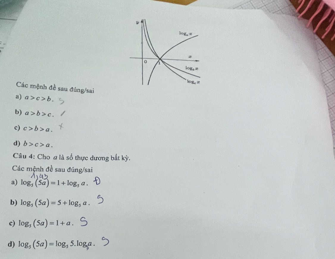 Các mệnh đề sau đúng/sai
a) a>c>b.
b) a>b>c.
c) c>b>a.
d) b>c>a.
Câu 4: Cho a là số thực dương bất kỳ.
Các mệnh đề sau đúng/sai
a) log _5(5a)=1+log _5a.
b) log _5(5a)=5+log _5a.
c) log _5(5a)=1+a.
d) log _5(5a)=log _55.log _5a.