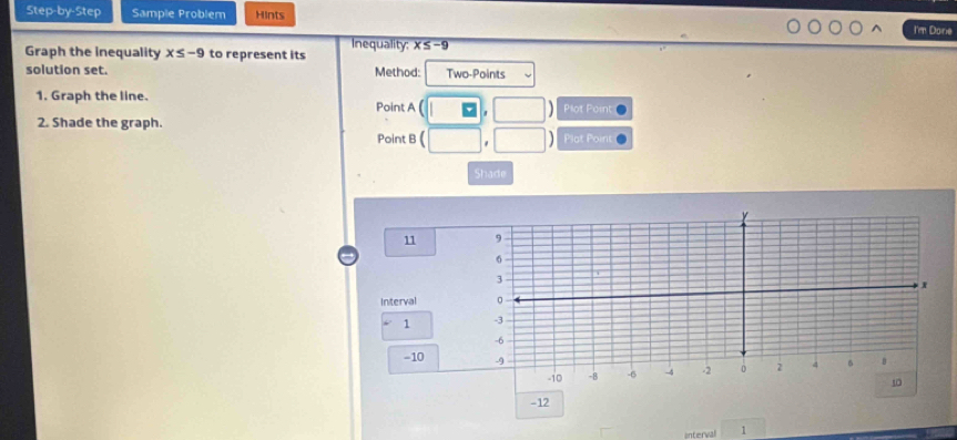51ep-by-51ep Sample Problem Hints 
I'm Donie 
Graph the inequality x≤ -9 to represent its Inequality: x≤ -9
solution set. Method: Two-Points 
1. Graph the line. Point A (□ ,□ ) Plot Poin 
2. Shade the graph. 
Point B ( □ ,□ ) Plat Poin 
Shade
11
Interval
1
-10
-12
interval 1