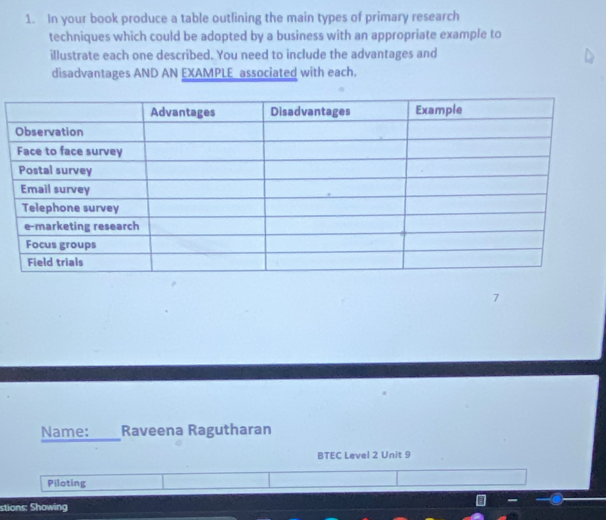 In your book produce a table outlining the main types of primary research 
techniques which could be adopted by a business with an appropriate example to 
illustrate each one described. You need to include the advantages and 
disadvantages AND AN EXAMPLE_ associated with each. 
7 
Name: Raveena Ragutharan 
BTEC Level 2 Unit 9 
Piloting 
stions: Showing