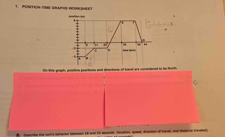 POSITION-TIME GRAPHS WORKSHEET
On this graph, positive positions and directions of travel are considered to be North.
8. Describe the cart's behavior between 18 and 32 seconds. (location, speed, direction of travel, and distance traveled)