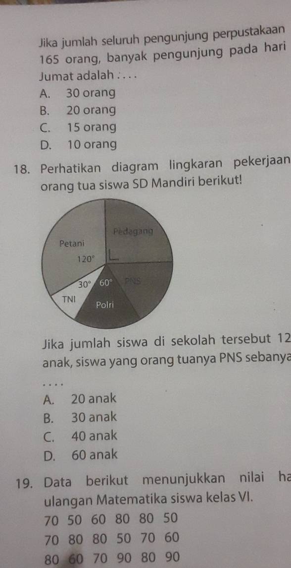 Jika jumlah seluruh pengunjung perpustakaan
165 orang, banyak pengunjung pada hari
Jumat adalah : . . .
A. 30 orang
B. 20 orang
C. 15 orang
D. 10 orang
18. Perhatikan diagram lingkaran pekerjaan
orang tua siswa SD Mandiri berikut!
Jika jumlah siswa di sekolah tersebut 12
anak, siswa yang orang tuanya PNS sebanya
_
A. 20 anak
B. 30 anak
C. 40 anak
D. 60 anak
19. Data berikut menunjukkan nilai ha
ulangan Matematika siswa kelas VI.
70 50 60 80 80 50
70 80 80 50 70 60
80 60 70 90 80 90