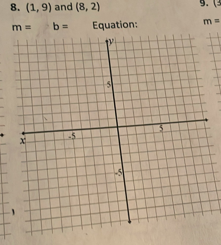 (1,9) and (8,2) 9. (3
m= b= Equation:
m=