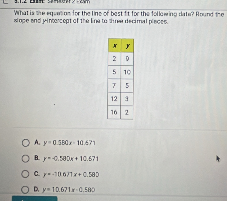 Exam: Sémester 2 Exam
What is the equation for the line of best fit for the following data? Round the
slope and yintercept of the line to three decimal places.
A. y=0.580x-10.671
B. y=-0.580x+10.671
C. y=-10.671x+0.580
D. y=10.671x-0.580