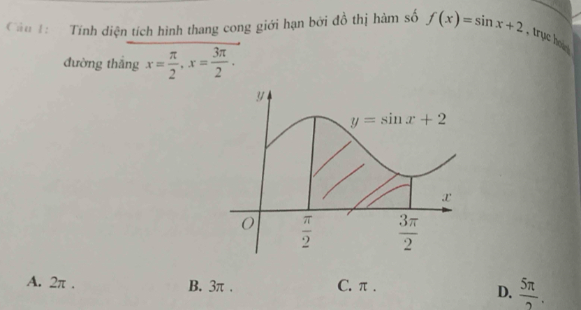 Cáu 1  Tính diện tích hình thang cong giới hạn bởi đồ thị hàm số f(x)=sin x+2 , truc h e 
đường thắng x= π /2 ,x= 3π /2 .
A. 2π . B. 3π . C. π .
D.  5π /2 .