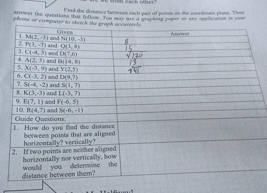 we from each other?
Find the distance between each pair of points on the coordinate plane. Then
answer the questions that follow. You may use a graphing paper or any application in your
phone or comput