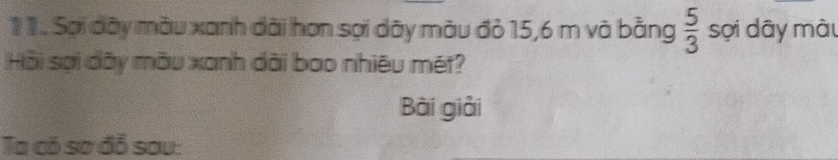 Sợi dây màu xanh dài hơn sợi dây màu đỏ 15, 6 m và bằng  5/3  sợi dây màu 
Hồi sợi dãy màu xanh dài bao nhiêu mét? 
Bài giải 
Ta có sơ đỗ sau: