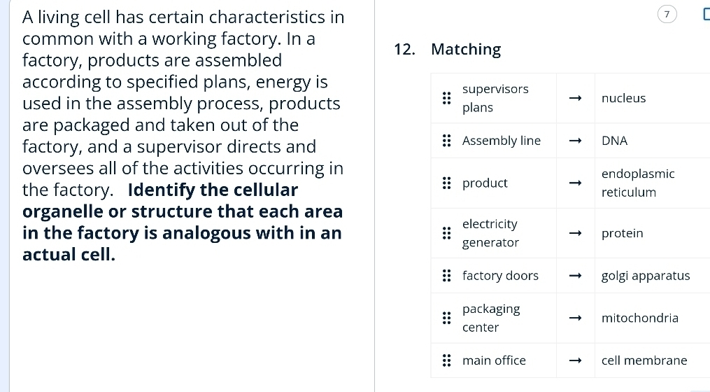 A living cell has certain characteristics in
7
common with a working factory. In a 
12. Matching 
factory, products are assembled 
according to specified plans, energy is 
used in the assembly process, products 
are packaged and taken out of the 
factory, and a supervisor directs and 
oversees all of the activities occurring in 
the factory. Identify the cellular 
organelle or structure that each area 
in the factory is analogous with in an 
actual cell.