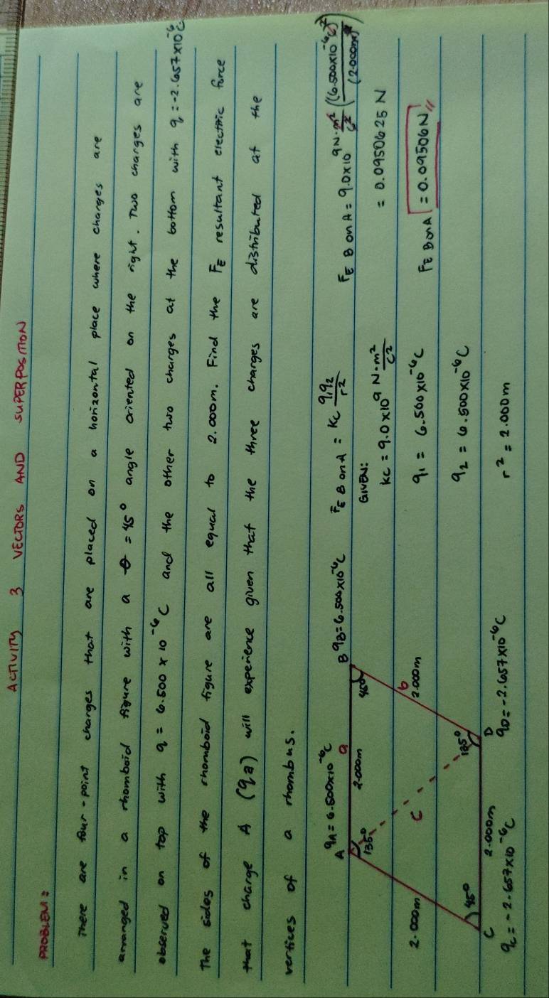 ACTvITy 3 VECTORS AND SUPERPOSION
PROBLEN:
There are four-point charges that are placed on a horizontal place where charges are
arranged in a rhomboid figure with a θ =45° angle oriented on the right. Two charges are
observed on top with q=6.500* 10^(-6)C and the other two charges at the bottom with q=-2.657* 10^(-6)c
The sides of the rhomboid figure are all equal to 2. 000m. Find the F_E resultant electiic force
that charge A (q_a) will experience given that the three charges are distribured at the
vertices of a rhombus.
9_8=6.500* 10^(-6)C F_EBonA=k_cfrac 9_2r^2
F E_BonA=9.0* 10^(9N·)c^6(frac (6.500* 10.500* 10^(-6)(2000x)^2)
=0.0950625N
GIvEN:
kc=9.0* 10^9N·  m^2/c^2 
q_1=6.500* 10^(-6)C FE Balpha A=0.09506N
q_2=6.500* 10^(-6)C
q_c=-2.657* 10^(-6)C
r^2=2.000m