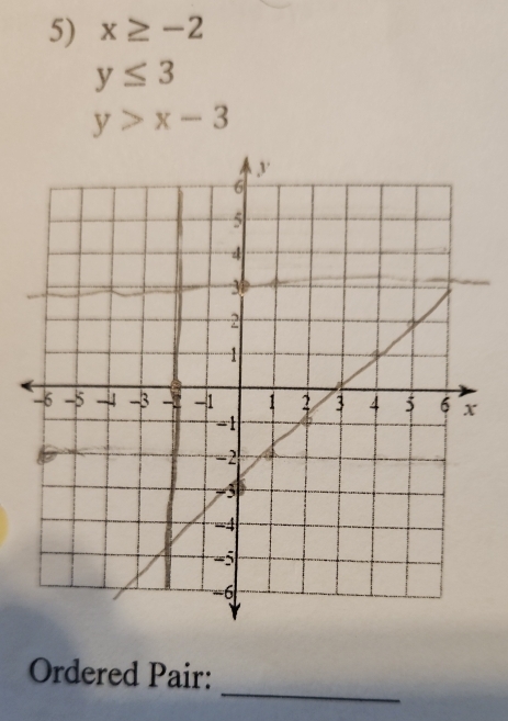 x≥ -2
y≤ 3
y>x-3
_ 
Ordered Pair: