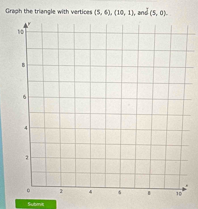 Graph the triangle with vertices (5,6), (10,1) , and (5,0). 
Submit