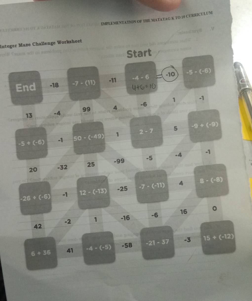 IMPLEMENTATION OF THE MATATAG K TO 10 CURRICULUM 
Integer Maze Challenge Worksheet 
Start
-10 -5-(-6)
End -18 -7 - (11) -11 -4-6
13 -4 99 4 -6 1
-1
-5/ (-6) -1 50-(-49) 1 2-7 5 -9+(-9)
20 -32 25 -99 -5 -4
-1
-26/ (-6) -1 12 - (-13) -25 -7-(-11) 4 8-(-8)
-2 1 -16 -6 16 0
42
6+36 41 -4-(-5) -58 -21 - 37 -3 15+(-12)