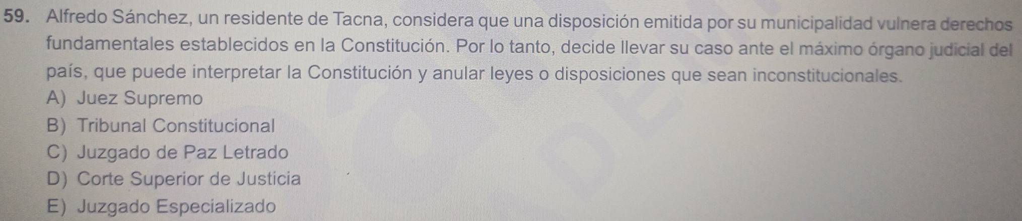 Alfredo Sánchez, un residente de Tacna, considera que una disposición emitida por su municipalidad vulnera derechos
fundamentales establecidos en la Constitución. Por lo tanto, decide llevar su caso ante el máximo órgano judicial del
país, que puede interpretar la Constitución y anular leyes o disposiciones que sean inconstitucionales.
A) Juez Supremo
B) Tribunal Constitucional
C) Juzgado de Paz Letrado
D) Corte Superior de Justicia
E) Juzgado Especializado