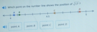 Which point on the number line shows the position of sqrt(17) 7
(1) point A point B point C point D