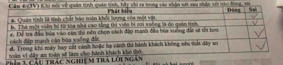 nhận xét nào đúng, sai 
Phần 3. CầU T 
hai nœrời