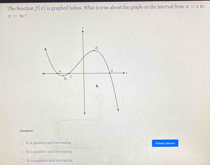 The function f(x) is graphed below. What is true about the graph on the interval from x=e to
x=∈fty 2
Answer
It is positive and increasing Submit Answer
It is positive and decreasing
It is negative and increasing