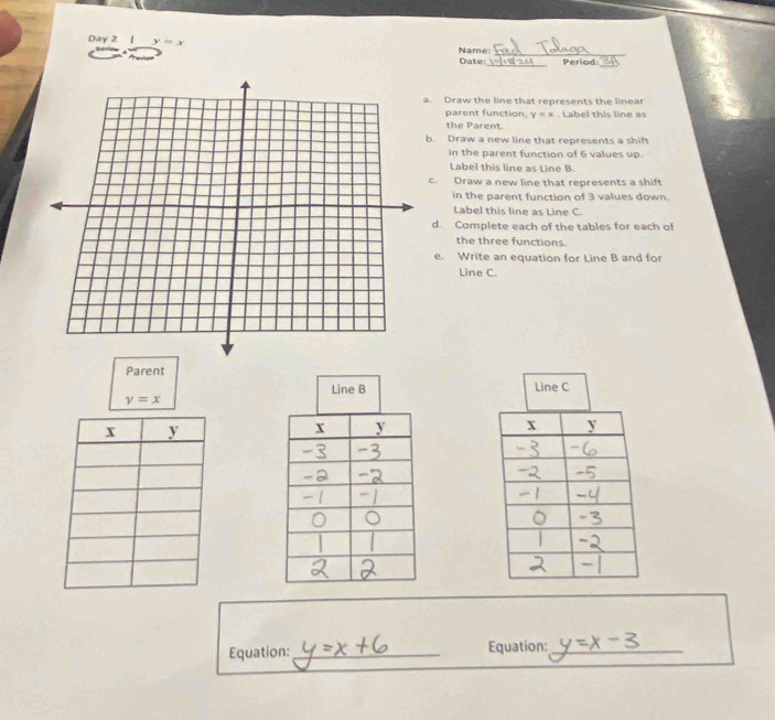 Day 2 1 y=x Name
Date:_ Period
. Draw the line that represents the linear
parent function, y=x. Label this line as
the Parent.
. Draw a new line that represents a shift
in the parent function of 6 values up.
Label this line as Line B
c. Draw a new line that represents a shift
in the parent function of 3 values down.
Label this line as Line C
d. Complete each of the tables for each of
the three functions.
e. Write an equation for Line B and for
Line C.
Parent

y=x
x y
Equation: _Equation:_