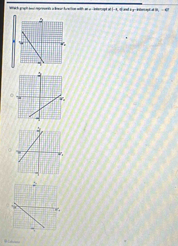 Which graph best represents a linear function with an a-intercept at (-8,0) and a y-intercept at (0,-6)
= Calzulator