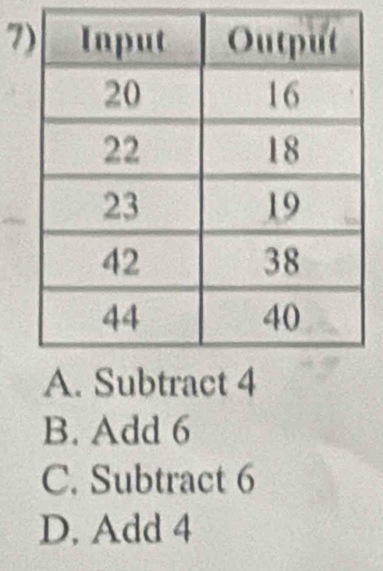 7
B. Add 6
C. Subtract 6
D. Add 4