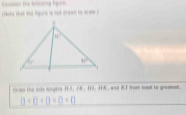 Consider the following figure:
(Nots that the Agure is not drawn to scale.)
Order the side langths HJ; JK:HT: ; and Kf from least to greatest.
□ * □ * □ * □ * □