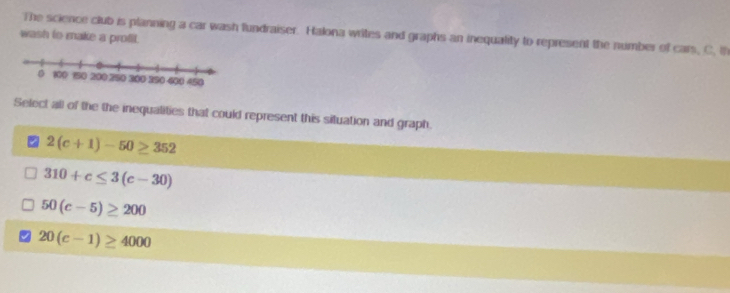 wash to make a profit. The science club is planning a car wash fundraiser. Halona writes and graphs an inequality to represent the number of cars, C. th
Select all of the the inequalities that could represent this situation and graph.
2(c+1)-50≥ 352
310+c≤ 3(c-30)
50(c-5)≥ 200
20(c-1)≥ 4000