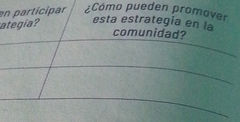 en partícipar ¿Cómo pueden promaver 
ategia? 
esta estrategia en la 
comunidad?